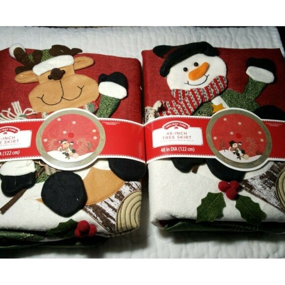 Your Choice Reindeer Or Snowman Christmas Tree Skirt3D48" Red Burlap